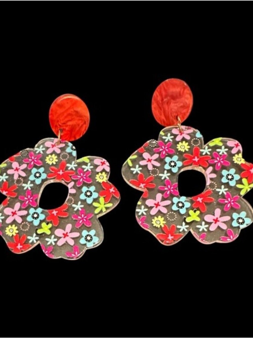 PASTEL Acrylic Earrings Red Purple Pink Floral Print Flower Shaped NEW